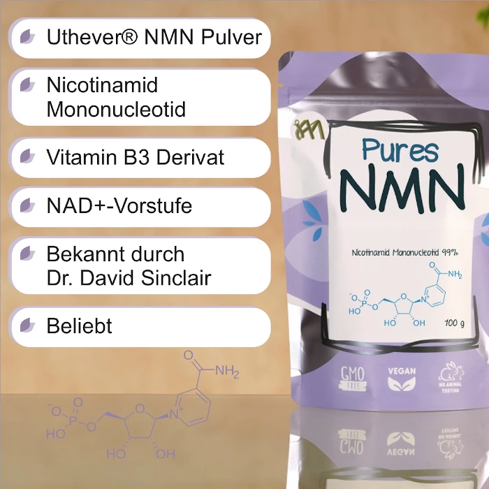 Infografik mit den wichtigsten Eigenschaften von Uthever NMN Pulver und Kapseln.