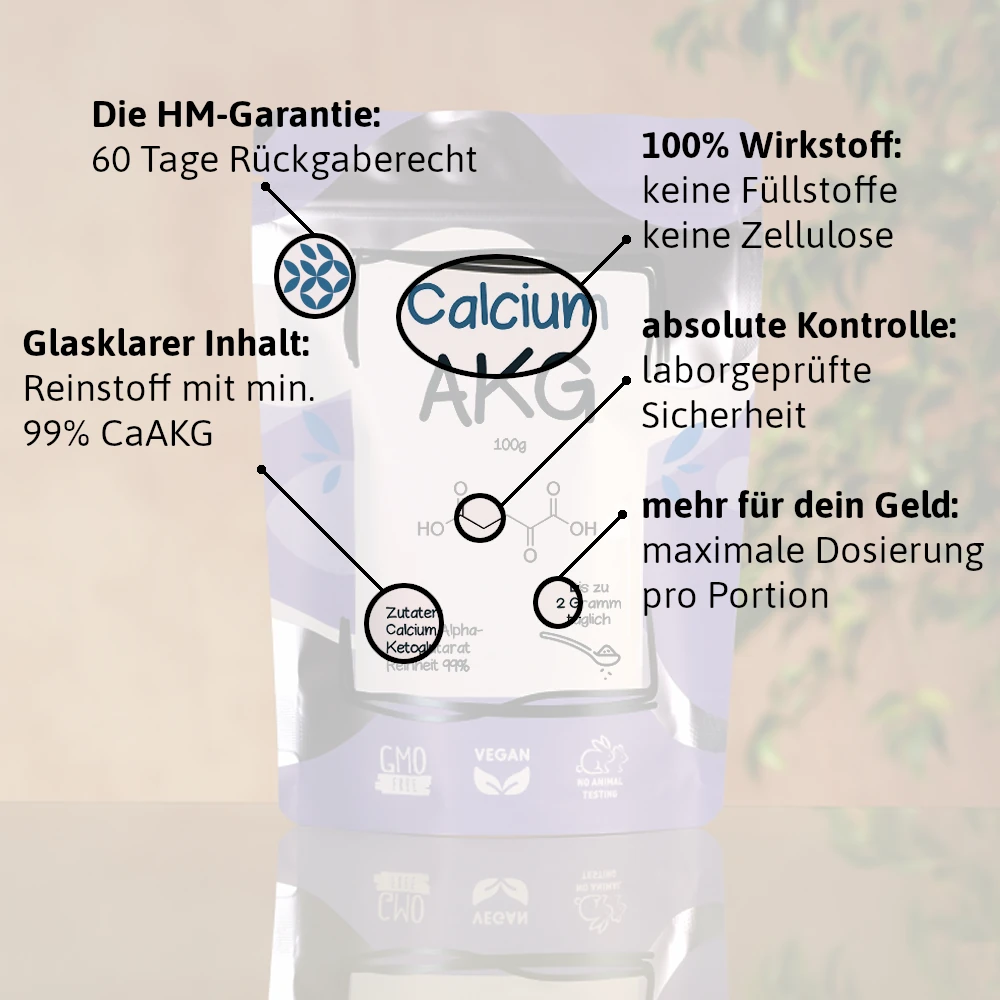 CaAKG Pulver und Kapseln mit hervorgehobenen Produkteigenschaften und Qualitätsmerkmalen.