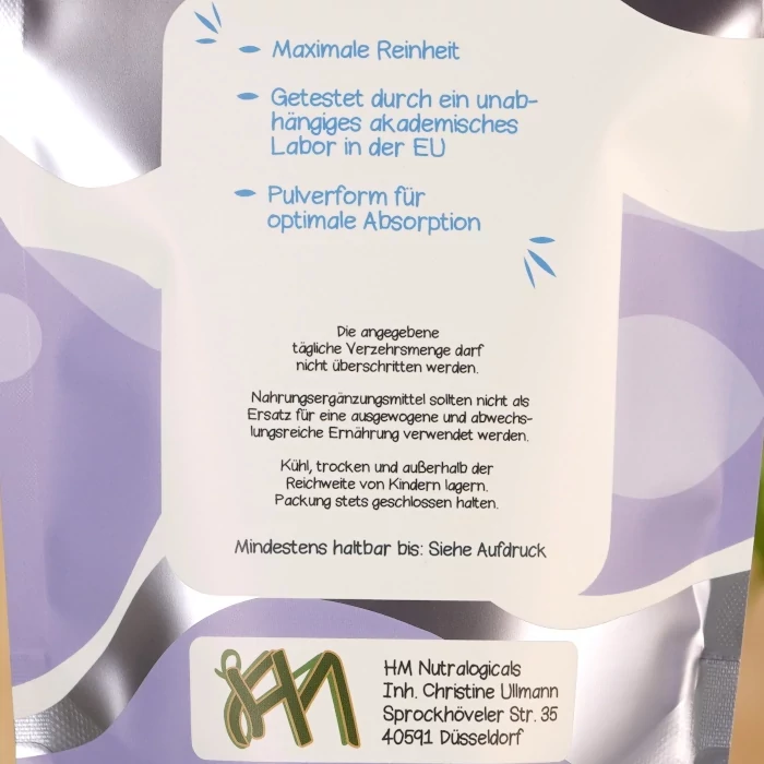 Alle wichtigen Informationen und Inhaltsstoffe auf der Rückseite der Calcium-Alpha-Ketoglutarat Verpackung.