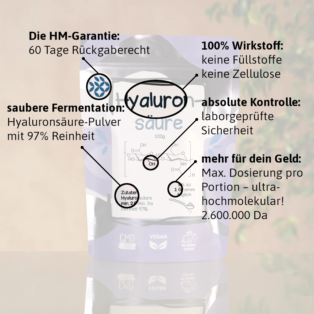 hyaluron kapseln und pulver infos vorteile Vorteile unseres Produkts: Ultra Hochmolekular 2,6mio Da!
