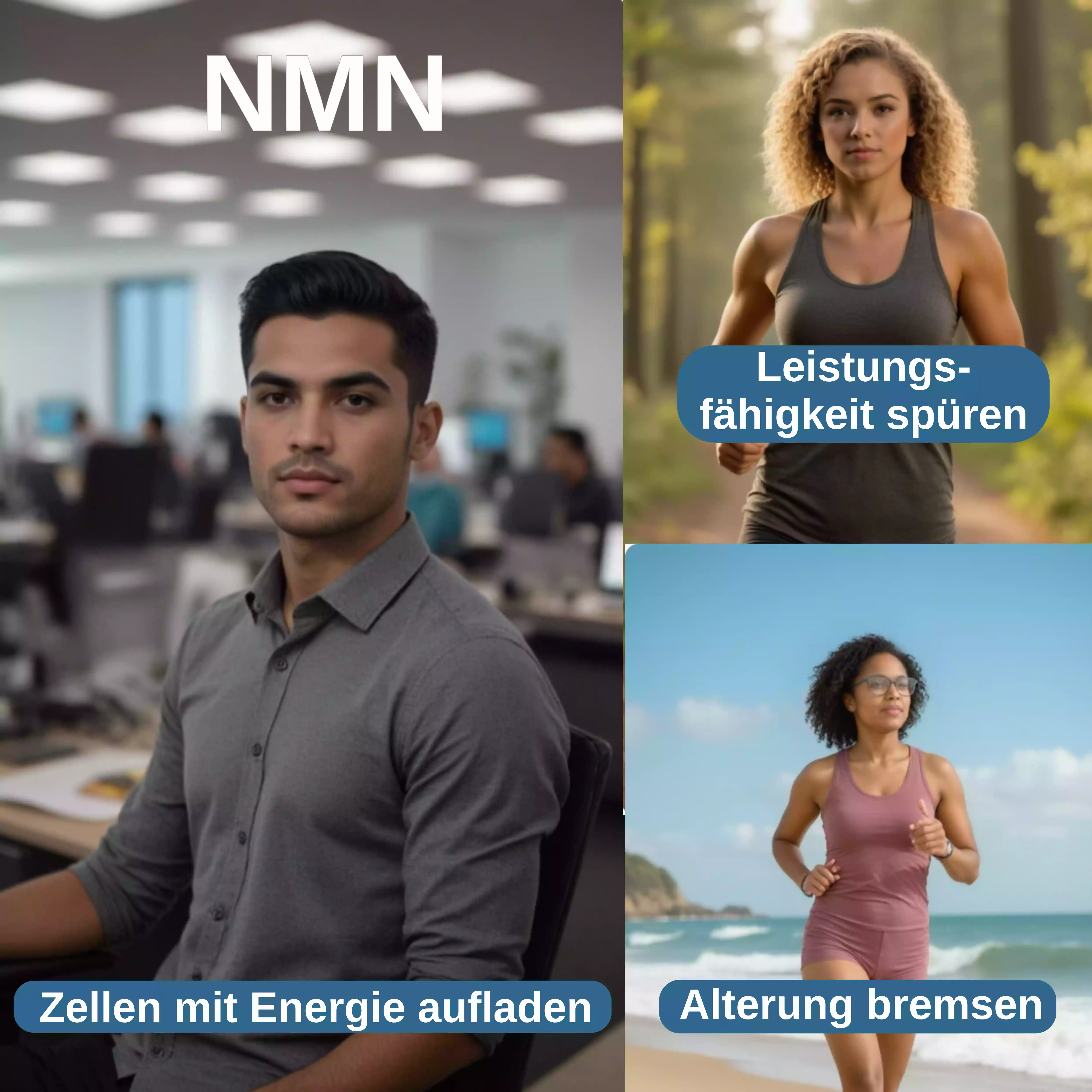 Collage mit drei Eigenschaften von NMN